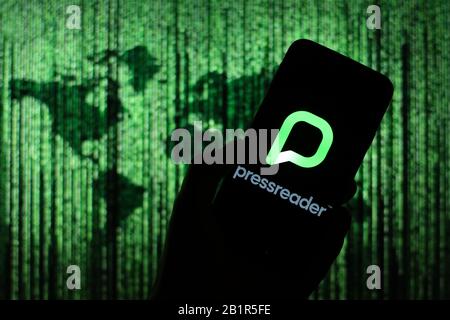 Polen. Februar 2020. In dieser Abbildung wird ein Pressreader App-Logo angezeigt, das auf einem Smartphone angezeigt wird. Kredit: Filip Radwanski/SOPA Images/ZUMA Wire/Alamy Live News Stockfoto