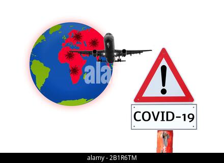 COVID-19 Globus mit Flugzeugkorona-Virus Stockfoto