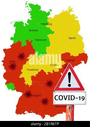 Warnschild Covid-19, Coronavirus Karte von Deutschland Stockfoto