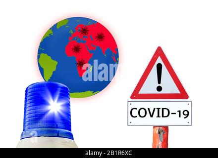 COVID-19-Warnschild mit Globus Stockfoto