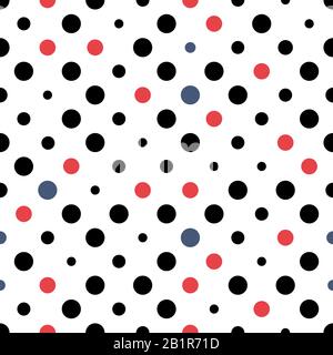 Nahtlose Punkttextur mit Polka. Schwarz, Rot und Blau auf Weiß. Retro-Polyka-Dots-Vektor. Stock Vektor