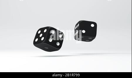 Casino-Design. Komposition von zwei schwarzen Dices auf hellem Hintergrund, 3D-Abbildung. Stockfoto