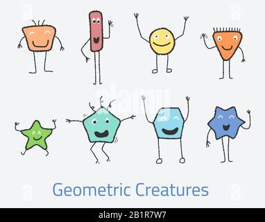 Niedliche Comic Geometric Creatures Set. Lustige Kinderkleidung. Stock Vektor