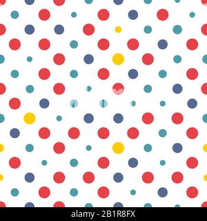 Nahtlose Punkttextur mit Polka. Rot, Blau und Gelb auf Weiß. Retro-Polyka-Dots-Vektor. Stock Vektor
