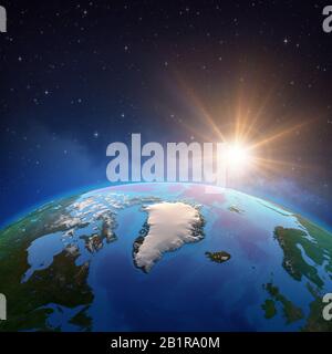 Arktis und Grönland von einem Satelliten aus gesehen, die Sonne steigt am Horizont. Physische Karte des Nordpols. 3D-Darstellung - Elemente dieses Bildes f Stockfoto