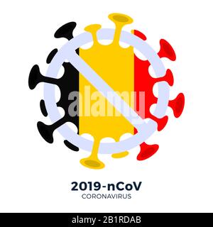 Belgische Flagge Zeichen Vorsicht Coronavirus. 2019-nCoV-Ausbruch stoppen. Gefahr durch Coronavirus und Risiko für die öffentliche Gesundheit und Grippeausbruch. Pandemische Medizin c Stock Vektor