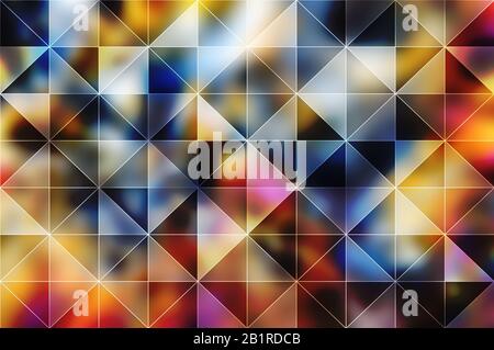 Bunter, abstrakter polygonaler Hintergrund von isosceles Dreiecken. Kann für moderne Projekte, Workflows, Banner, Webdesigns, Websites verwendet werden. Stockfoto