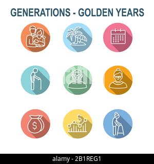 Generationen: Die goldenen Jahre Icon Set mit Ruhestand Kalender, Geld, etc. Stock Vektor