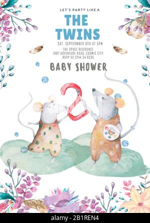 Geburtstagskarten für die niedliche Twins Mouse. Handgezeichnete Baumschul-Aquarell-Illustration für Babydusche Stockfoto