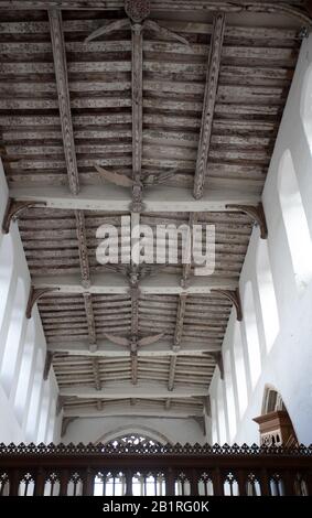 Holy Trinity Kirche, Decke mit einem Dutzend Figuren von geschnitzten Engeln geschmückt, Flügel ausgestreckt, spätmittelalterliche Kunst, Suffolk, Blythburgh, Großbritannien Stockfoto