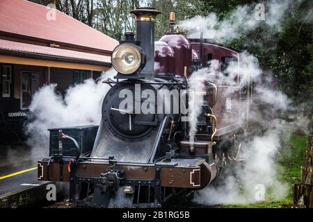 Historische Dampfeisenbahn Puffing Billy in den Dandenong Ranges, östlich von Melbourne, Victoria, Australien. Stockfoto