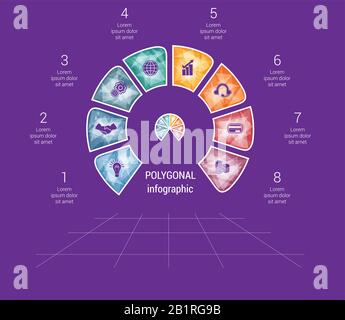 Polygonalhalbkreisvorlage Infografik 8 Positionen für Textbereich Stock Vektor