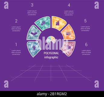 Polygonalhalbkreisvorlage Infografik 6 Positionen für Textbereich Stock Vektor