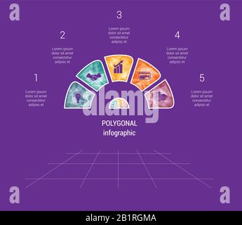 Polygonalhalbkreisvorlage Infografik 5 Positionen für Textbereich Stock Vektor