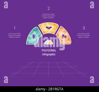 Polygonale Halbkreisvorlage Infografik 3 Positionen für Textbereich Stock Vektor