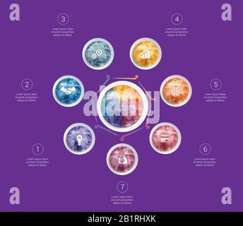 Polygonale Infografiken. Für Designs auf 7 Positionen farbige Kreise mit Dreiecken und Polygonen in einem Kreis. Stock Vektor