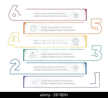 Infografievorlage für horizontale Papierstreifen mit Farbnummern. 6 Positionen für Informationen. Konzept Der Geschäftsstrategie. Universelle Vorlage für proj Stock Vektor