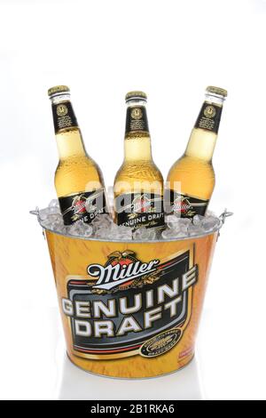 Irvine, CA - 15. JANUAR 2015: Ein gebranntes Eiskübel aus Echtem Fassbier von Miller. MGD wird tatsächlich aus demselben Rezept hergestellt wie Miller High Life mit t Stockfoto