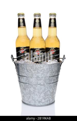Irvine, CA - 27. MAI 2014: Echte Miller Draft-Flaschen in einem Eimer Eis. MGD wird tatsächlich aus demselben Rezept wie Miller High Life hergestellt, außer es ist Stockfoto
