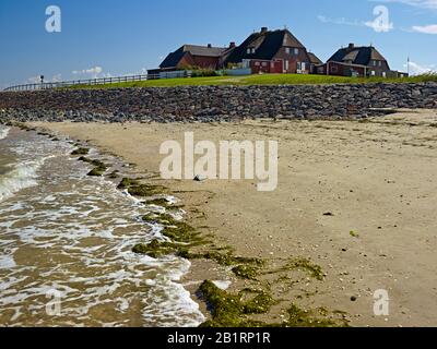 Westerwarft mit Strand auf Hallig Hooge, Nordfriesland, Schleswig-Holstein, Deutschland, Stockfoto