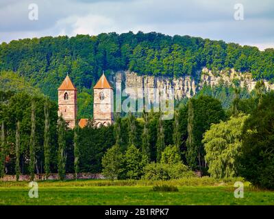 Türme der Stift Veßra bei Themar, Landkreis Hildburghausen, Thüringen, Deutschland, Stockfoto