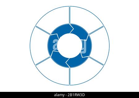 Bereichsdiagramm, Ringdiagramm, Kreisdiagramm. Vorlage blau Infografik. 6 Positionen für den Textbereich. Stockfoto
