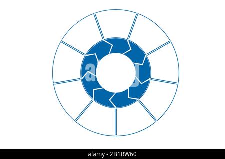 Bereichsdiagramm, Ringdiagramm, Kreisdiagramm. Vorlage blau Infografik. 9 Positionen für den Textbereich. Stockfoto
