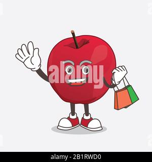 Apple Cartoon Maskottchen winken und halten Einkaufstasche Stockfoto