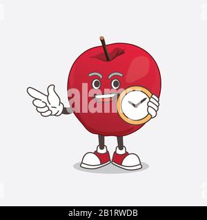 Apple Cartoon Maskottchen Charakter hält eine Uhr Stockfoto