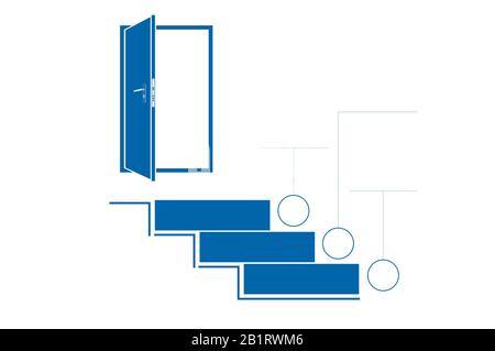 Stufen Sie Leitern und Türen nach oben. Infografik zur Vorlage. Monochrom. Blau. 3 Positionen. Stockfoto