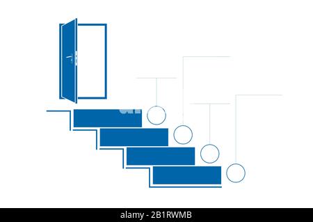 Stufen Sie Leitern und Türen nach oben. Infografik zur Vorlage. Monochrom. Blau. 4 Positionen. Stockfoto