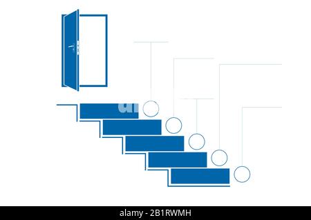 Stufen Sie Leitern und Türen nach oben. Infografik zur Vorlage. Monochrom. Blau. 5 Positionen. Stockfoto