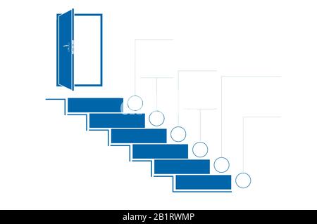 Stufen Sie Leitern und Türen nach oben. Infografik zur Vorlage. Monochrom. Blau. 6 Positionen. Stockfoto