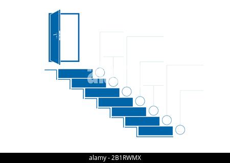 Stufen Sie Leitern und Türen nach oben. Infografik zur Vorlage. Monochrom. Blau. 7 Positionen. Stockfoto