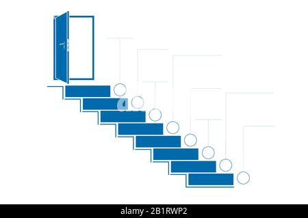 Stufen Sie Leitern und Türen nach oben. Infografik zur Vorlage. Monochrom. Blau. 8 Positionen. Stockfoto