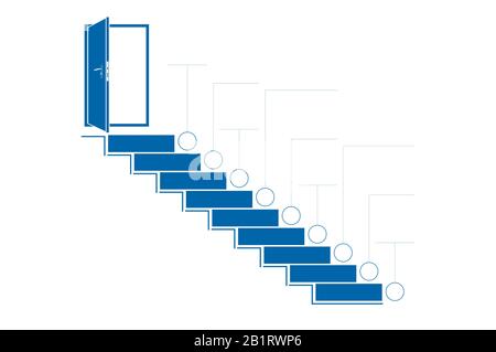 Stufen Sie Leitern und Türen nach oben. Infografik zur Vorlage. Monochrom. Blau. 9 Positionen. Stockfoto