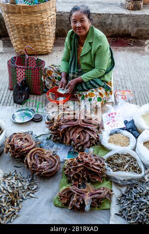 Eine Lokale Frau Verkauft Getrocknete Fische Auf Dem Zentralmarkt, Loikaw, Kayah State, Myanmar. Stockfoto