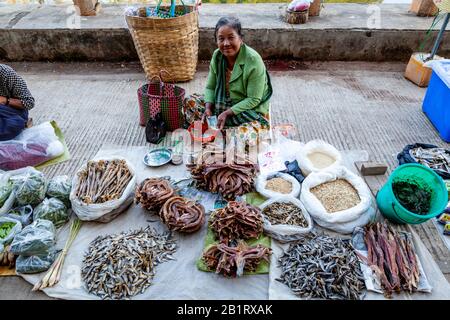 Eine Lokale Frau Verkauft Getrocknete Fische Auf Dem Zentralmarkt, Loikaw, Kayah State, Myanmar. Stockfoto