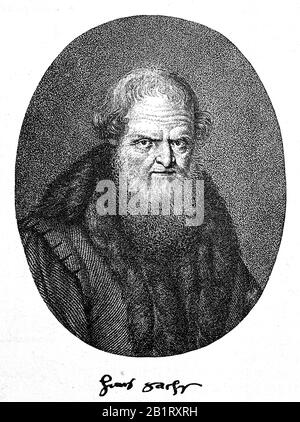 Hans Sachs, 5. November 1494 - 19. Januar 1576, war ein deutscher Meistersinger, Meistersinger, Dichter, Dramatiker und Schuhmacher / Hans Sachs, Nürnberger Schuhmacher, Spruchdichter, Meistersinger und Dramatiker, historisch, digital verbesserte Wiedergabe eines Originals aus dem 19. Jahrhundert / Digitale Produktion einer Originalanlage voraus dem 19. Jahrhunderts Stockfoto