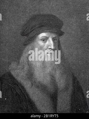 Leonardo di ser Piero da Vinci, 14./15. April 1452 - 2. Mai 1519, bekannt als Leonardo da Vinci, italienischer Universalgelehrter der Renaissance/Leonardo di ser Piero da Vinci, 14./15. April 1452 - 2. Mai 1519, bekannt als Leonardo da Vinci, ein italiensischer Universalgelehrter der Renaissance, historisch, digital verbesserte Wiedergabe eines Originals aus dem 19. Jahrhundert / Digitale Reproduktion einer Originalanlage aus dem 19. Jahrhunderts Stockfoto