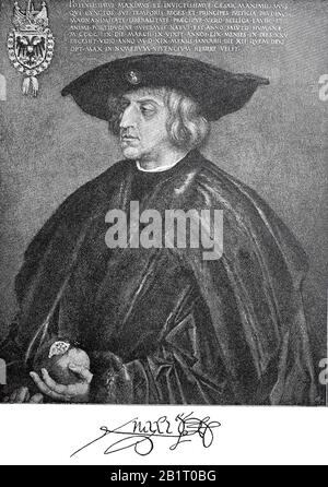 Maximilian I., 22. März 1459 - 12. Januar 1519, war von 1508 bis zu seinem Tod heiliger römischer Kaiser / Maximilian I., 22. März 1459 - 12. Januar 1519, war von 1508 bis zu einem Tod Kaiser des Heiligen Römischen Reiches, historisch, digital verbesserte Wiedergabe eines Originals aus dem 19. Jahrhundert / Digitale Produktion einer Originalanlage aus dem 19. Jahrhundert. Jahrhunderts Stockfoto