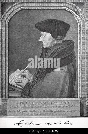 Desiderius Erasmus Roterodamus, 28. Oktober 1466 - 12. Juli 1536, bekannt als Erasmus oder Erasmus von Rotterdam, ein niederländischer Philosoph und christlicher Gelehrter/Desiderius Erasmus Roterodamus, 28. Oktober 1466 - 12. 1536, bekannt als Erasmus oder Erasmus von Rotterdam, ein niederländischer Philosoph und ein christlicherer Gelehrter, historisch, digital verbesserte Wiedergabe eines Originals aus dem 19. Jahrhundert / Digitale Reproduktion einer Originalanlage aus dem 19. Jahrhunderts Stockfoto