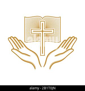 Kirchenlogo. Christliche Symbole. Hände, die zum Kreuz des Herrn Jesus Christus erhoben wurden. Stock Vektor