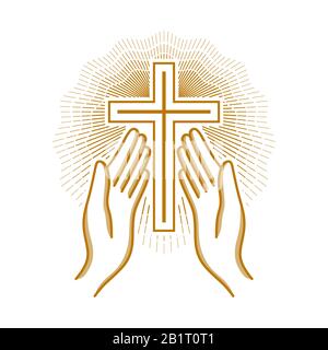 Kirchenlogo. Christliche Symbole. Hände, die zum Kreuz des Herrn Jesus Christus erhoben wurden. Stock Vektor