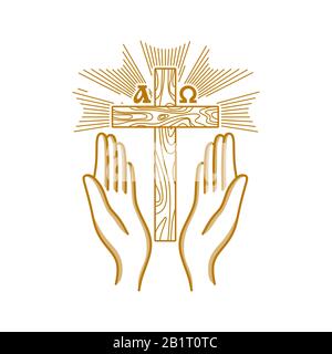 Kirchenlogo. Christliche Symbole. Hände, die zum Kreuz des Herrn Jesus Christus erhoben wurden. Stock Vektor