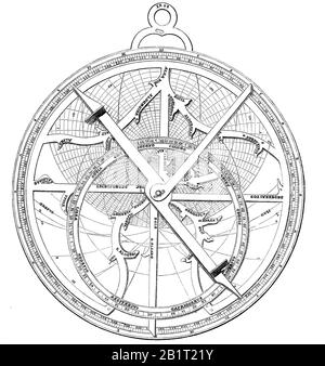 Die Astrolabe des Regiomontanus, Johannes Müller von Königsberg, 1436 - 1476, besser bekannt als Regiomontanu, war ein Mathematikhistoriker, Astrologer und Astronom der deutschen Renaissance/des Astrolabiums, Planisphärum, ein scheibenförmiges astronomisches Instrument, des Regiomontanus, Johannes Müller von Königsbergs, 1436 - 1476, besserer Krieg, Mathematiklehrer, Mathematiklehrer Astrologe und Astronom der deutschen Renaissance, historisch, digital verbesserte Wiedergabe eines Originals aus dem 19. Jahrhundert / Digitale Produktion einer Originalanlage aus dem 19. Jahrhunderts Stockfoto