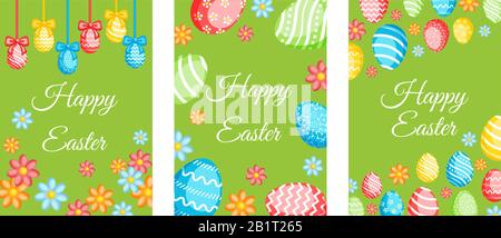 Set mit Fröhlichen Ostergrüßkarten mit сolorful-Eiern. Vektorgrafiken für den Ostertag Stock Vektor