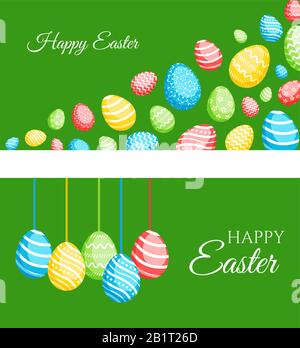 Set mit Fröhlichen Ostergrüßbannern mit сolorful-Eiern. Vektorgrafiken für den Ostertag Stock Vektor