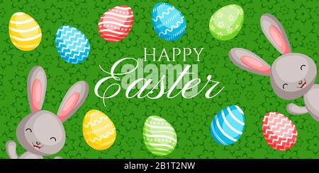 Fröhliches Osterbegrüßungsbanner mit сolorful Häschen und Eiern. Vektorgrafiken für den Ostertag Stock Vektor
