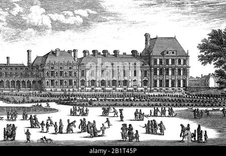 Das Tuileries Palace, das Palais des Tuileries, ein königlicher und imperialer Palast in Paris, der am rechten Ufer der seine stand. Es war die übliche Pariser Residenz der meisten französischen Monarchen, von Heinrich IV. Bis Napoleon III., bis es von der Pariser Kommune 1871 verbrannt wurde / Palais des Tuileries, Tuilerienpalast, in Paris war das fruhere Stadtschloss der französischen Herrscher, es brannte 1871 beim Aufstand der Pariser Kommune aus, Frankreich, Historisch, digital verbesserte Wiedergabe eines Originals aus dem 19. Jahrhundert / Digitale Produktion einer Originalanlage aus dem 19. Jahrhunderts Stockfoto